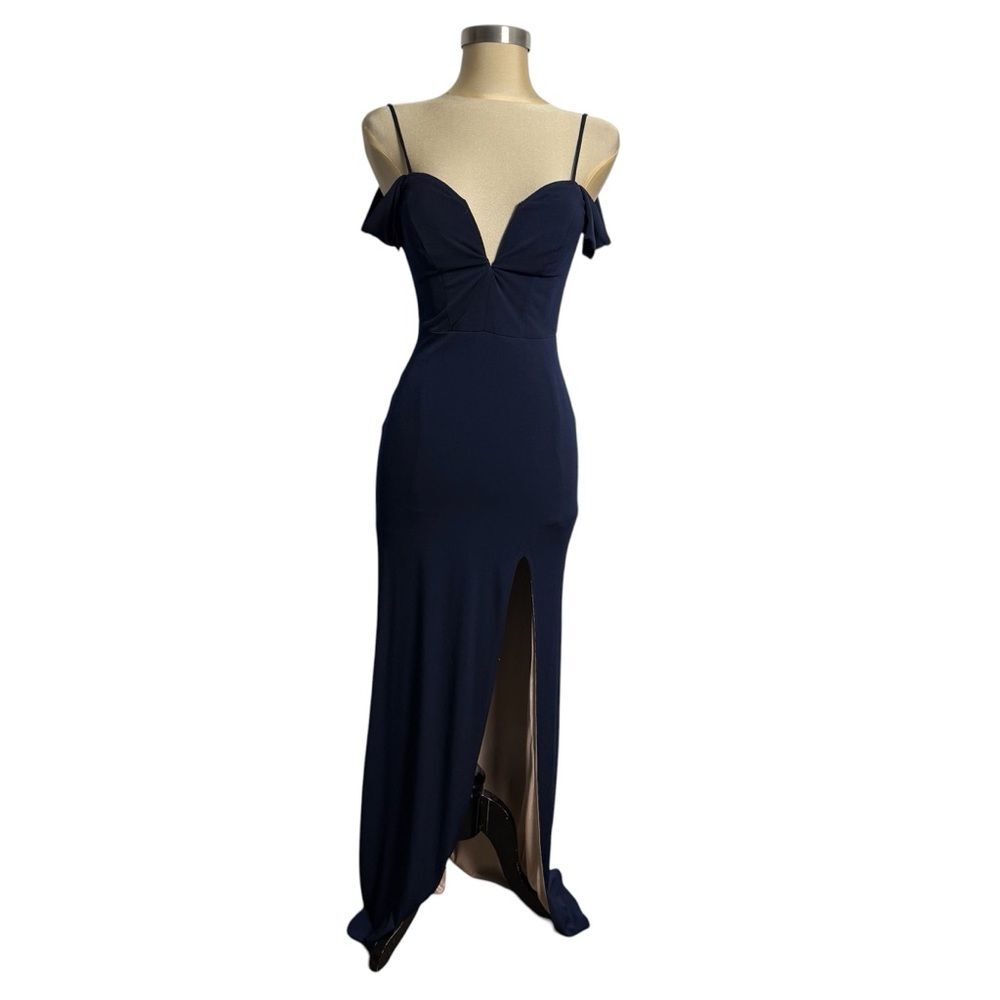 City Studio Navy Off Shoulder Maxi Dress Slit Sweetheart Prom Size 3 Flaw